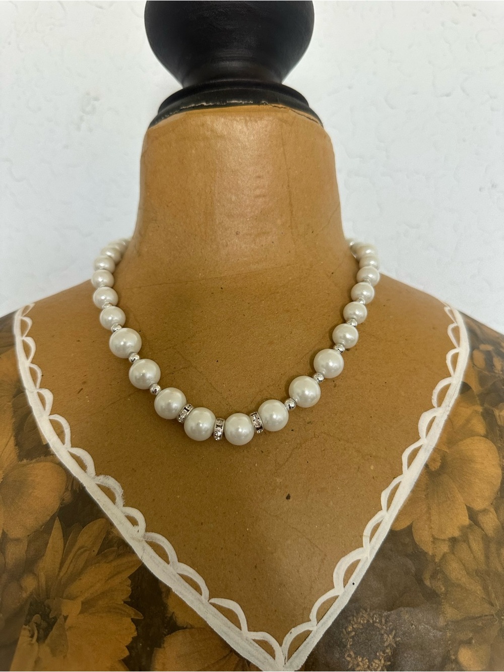 Pearl Necklace with Crystal Spacers - White matching earrings